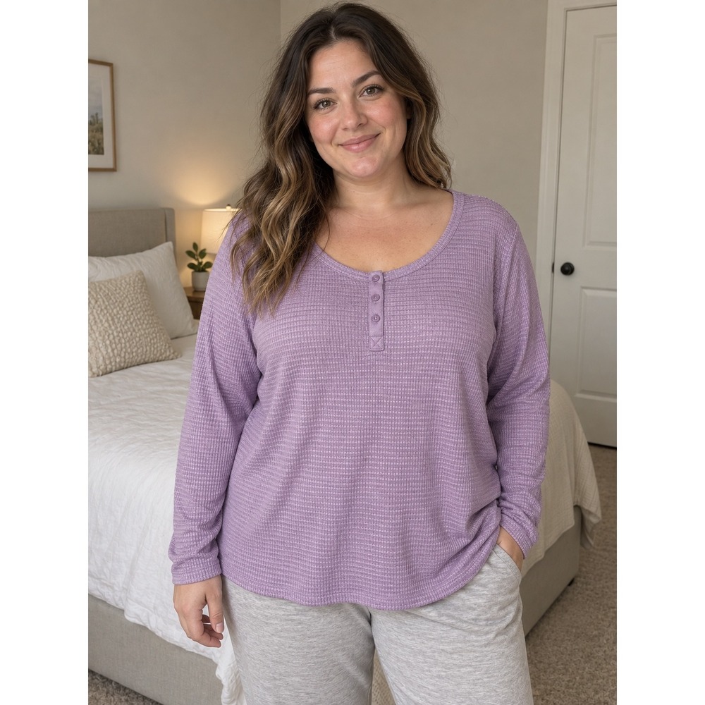 Sonoma Goods For Life Women Purple Waffle Knit Henley Sleep Top XL Long Sleeve
